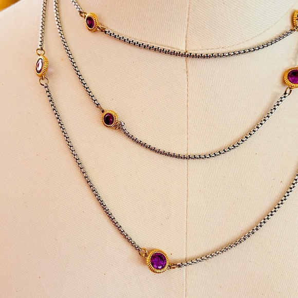 Vintage Bezel-Set Amethyst Crystal X-Long 55" Gold Plated & 926 Silver Necklace - Picture 6 of 14